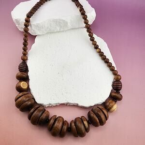Vintage Brown Wood Disc Bead Necklace Boho Barrel Clasp 23.5"